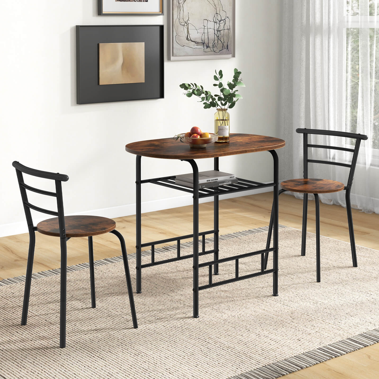 3-Piece Dining Table Set with Extra Wine Rack and Metal Frame-Rustic Brown